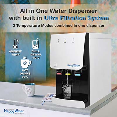 The physical appearance of Delta M Tri-Temperature Water Purifier along with the features, product details, and the HappyWater Sdn Bhd logo.