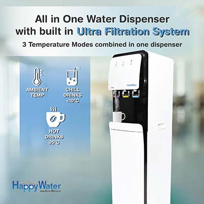 The physical appearance of Delta XL Tri-Temperature Water Purifier along with the features, product details, and the HappyWater Sdn Bhd logo.