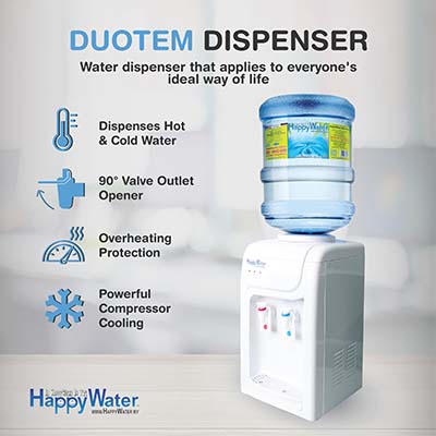 The physical appearance of Duotem Dispenser along with the features, product details, and the HappyWater Sdn Bhd logo.