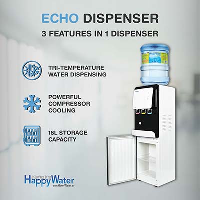 The physical appearance of Echo Water Dispenser along with the features, product details, and the HappyWater Sdn Bhd logo.