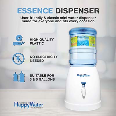 The physical appearance of Essence Dispenser along with the features, product details, and the HappyWater Sdn Bhd logo.