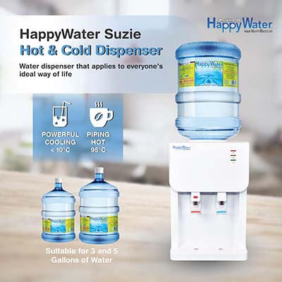 The physical appearance of Suzie Dispenser along with the features, product details, and the HappyWater Sdn Bhd logo.